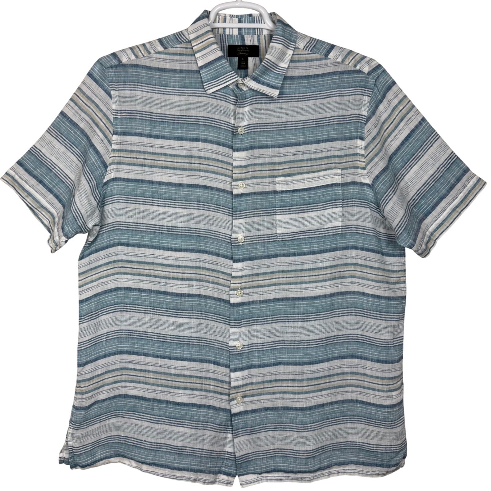 Club Room Linen Shirt Mens Large Blue Striped Short Sleeve Button Up Luxury